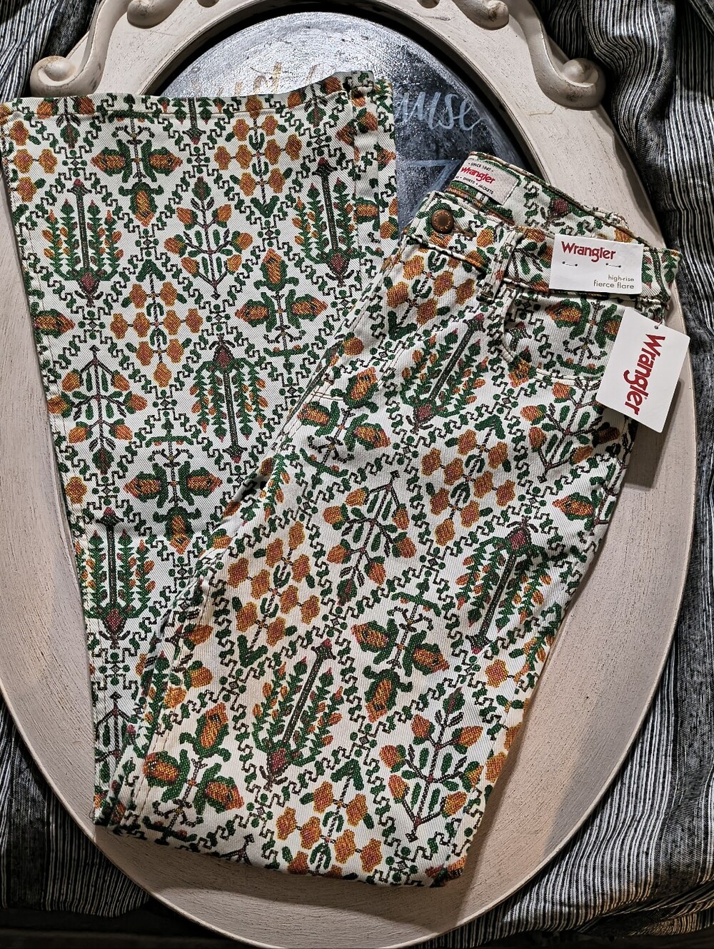 Wrangler High-Rise, Fierce Flair Jeans in Cream, Green & Brown